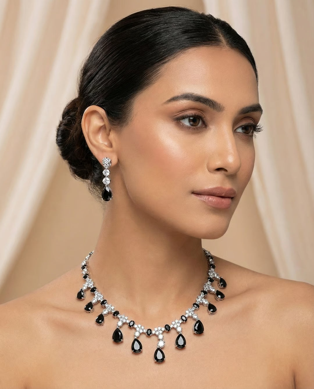 Midnight crystal elegance necklace set - Pakistani women's luxury formal jewelry with black teardrop stones and zircon clusters front view
