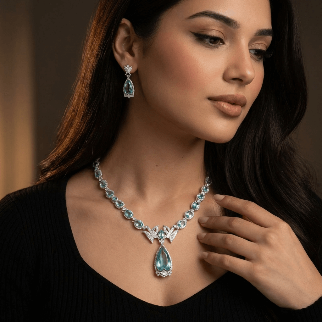 Emerald bird motif luxury necklace set 1 carat - Pakistani women's bridal formal jewelry with emerald green stones front view