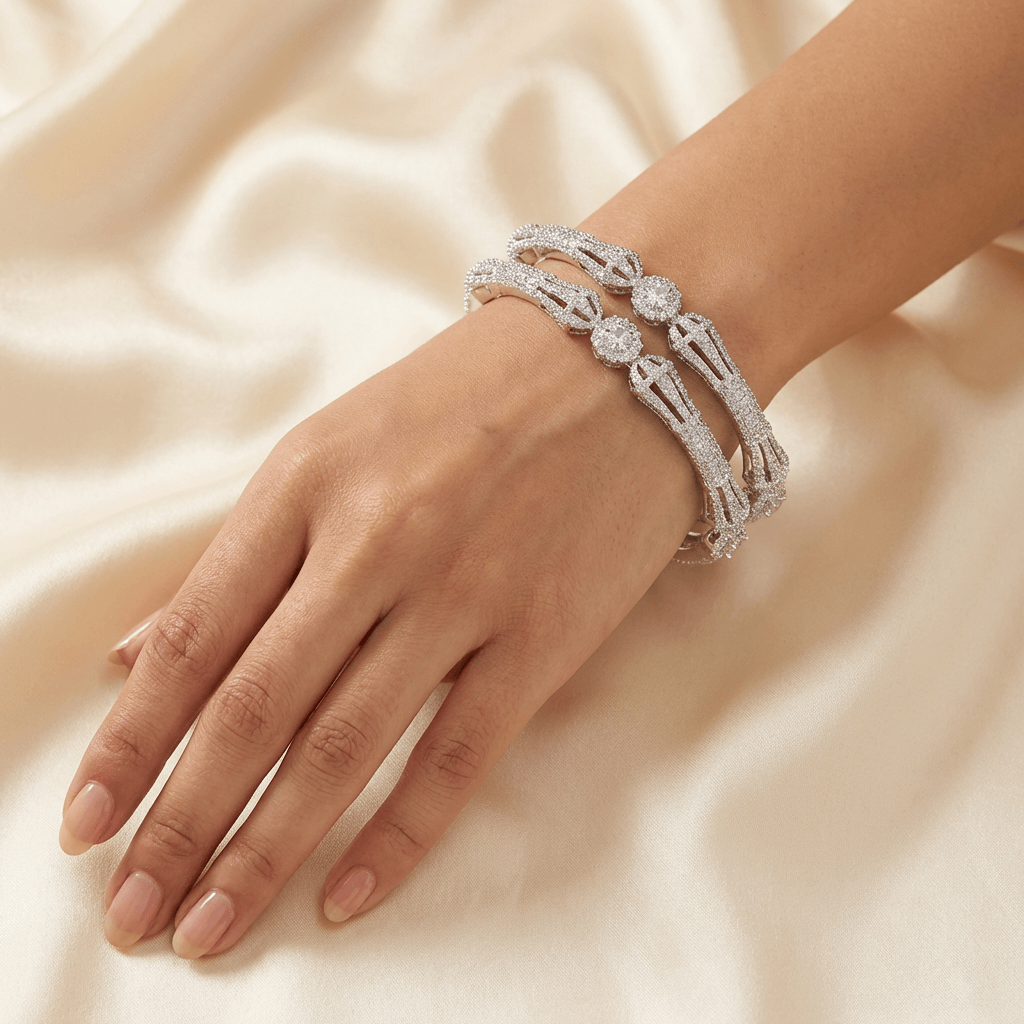 Diamond style silver elegant bangle - Pakistani women's luxury formal jewelry with brilliant open link structure front view