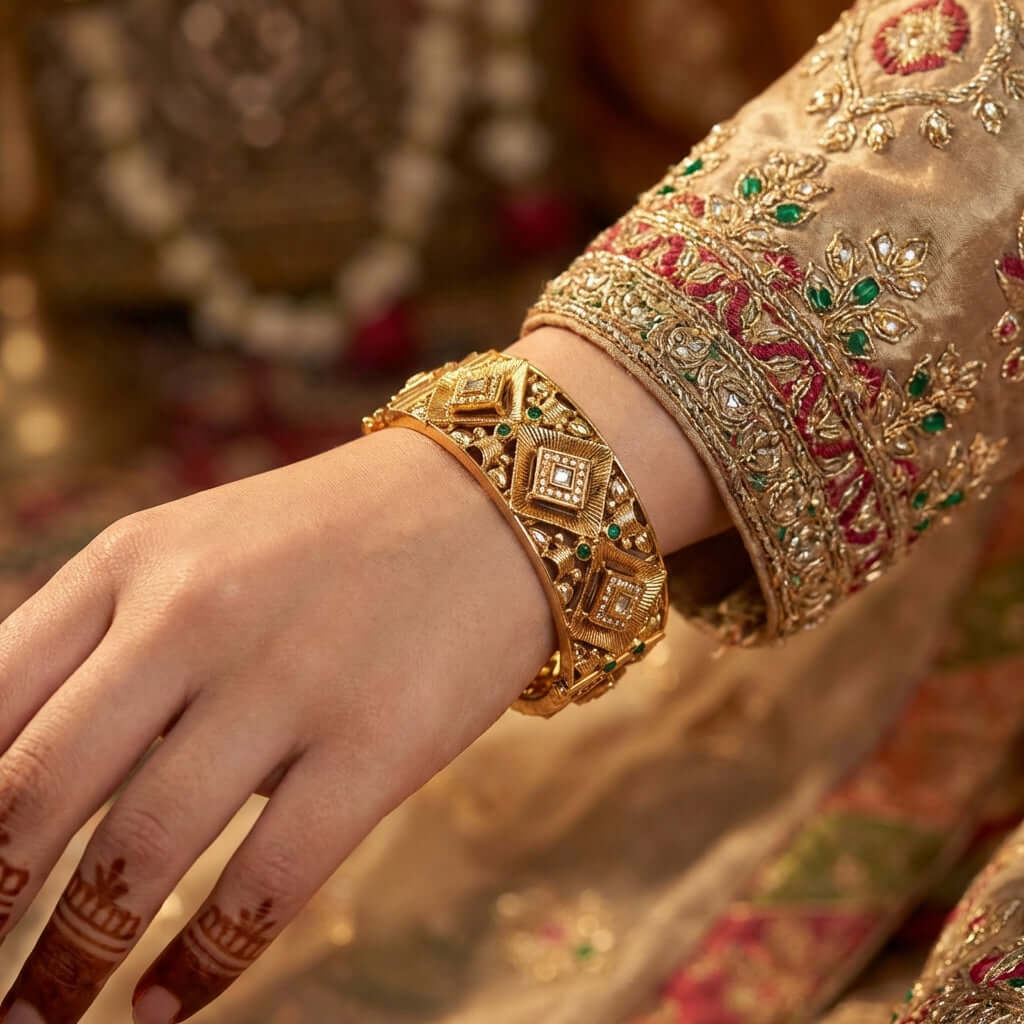 Royal gold bridal kundan bangle - Pakistani women's luxury bridal jewelry with intricate geometric motifs and crystal accents front view