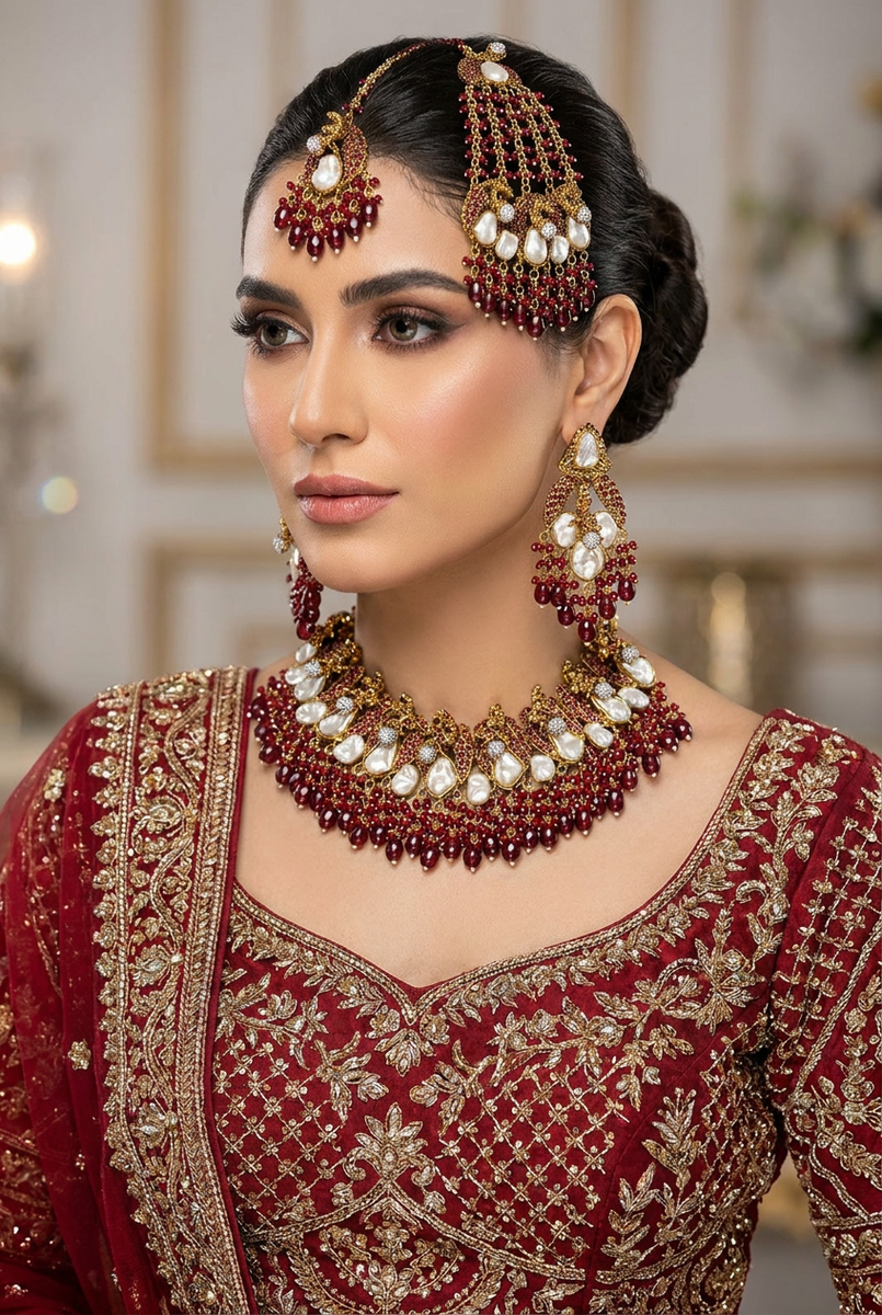 JW850 – Luxury Bridal Jewellery Set in Ruby Red & Pearl Detailing ...