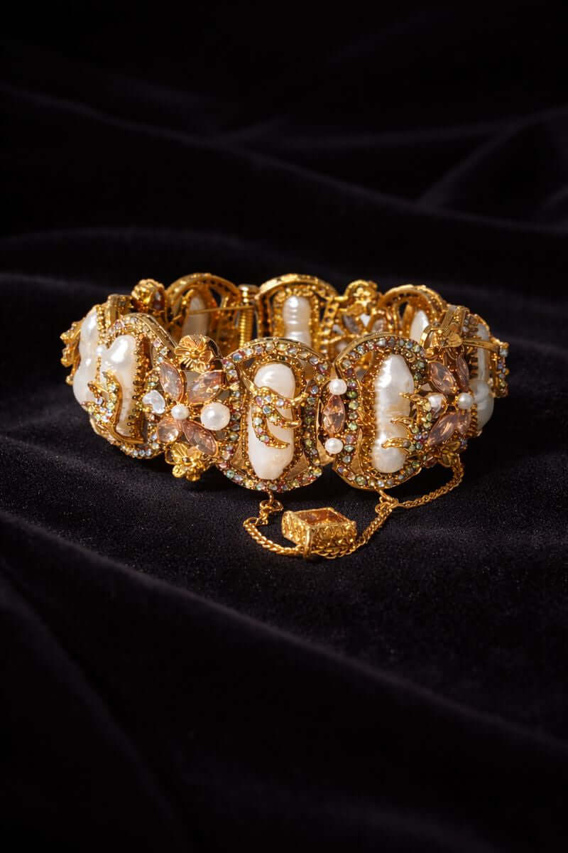 Baroque pearl crystal floral gold bracelet - Pakistani women's luxury bridal jewelry with multi-colored stones and floral detailing front view