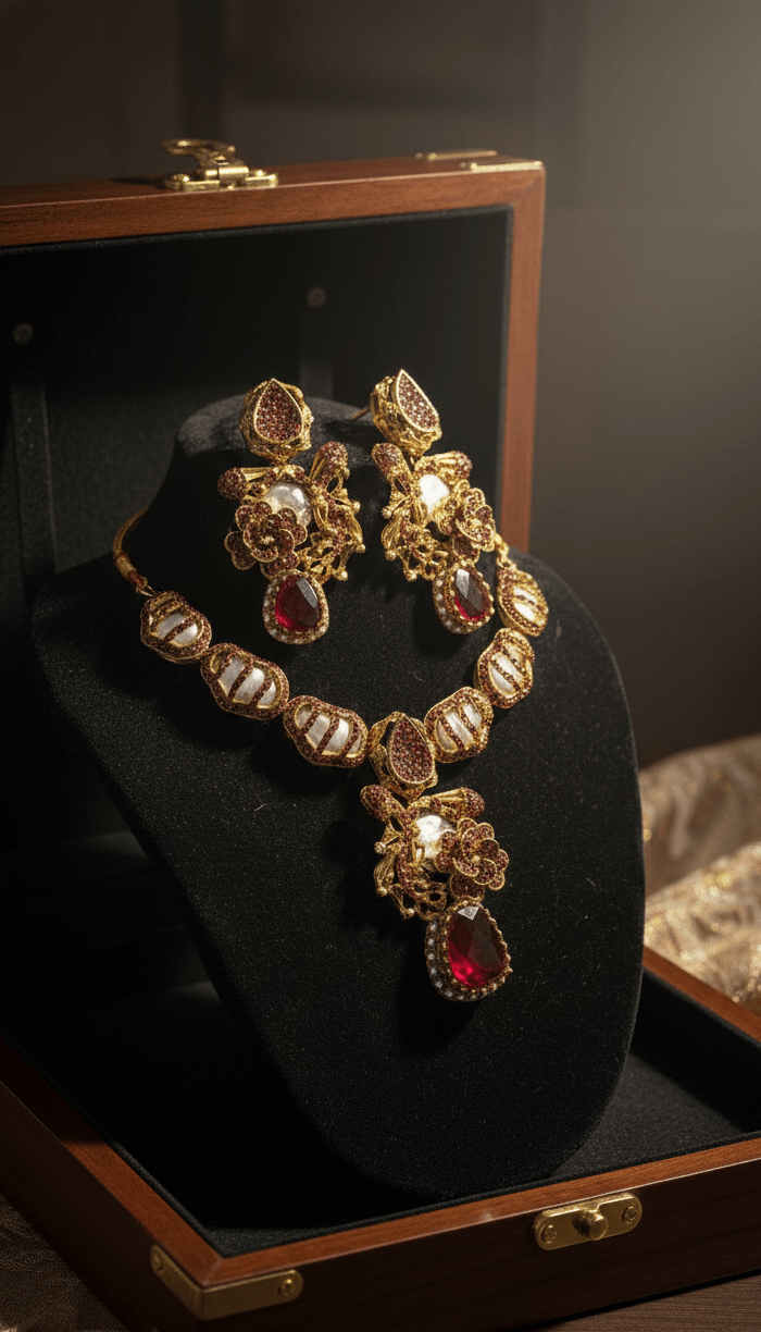 Ruby heritage necklace set - Pakistani women's luxury bridal jewelry with ruby stones and gold tone finish front view