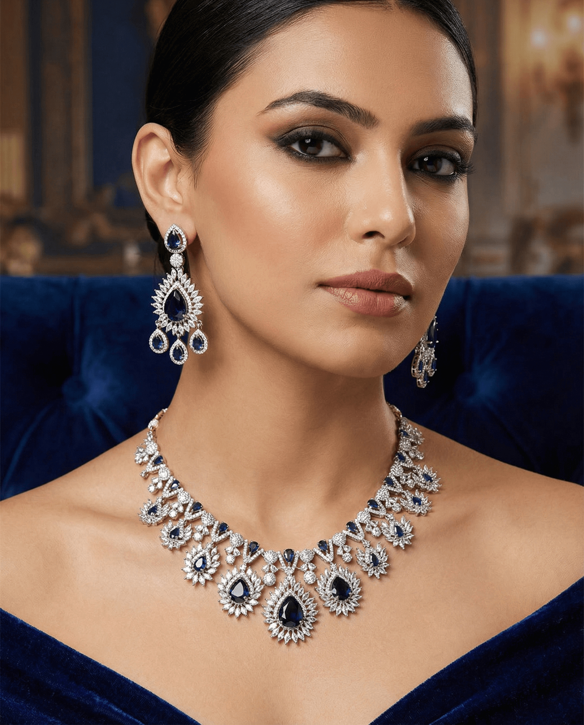 Pakistani women's royal sapphire sunburst luxury necklace set side view
