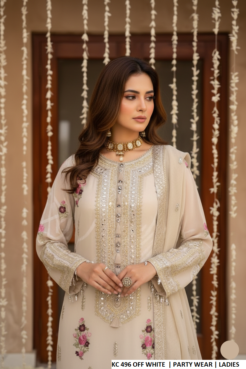 Off white silk Pakistani women's long kaftan with plazo side view