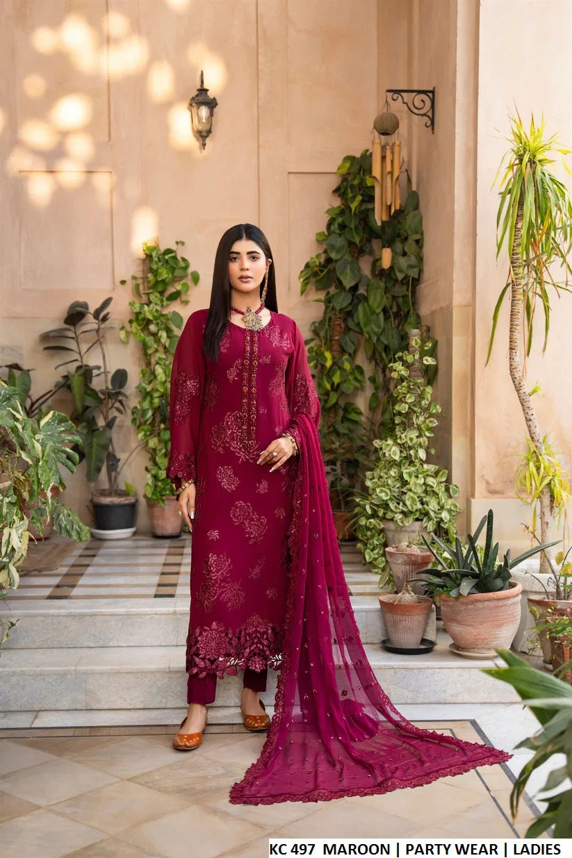 Pakistani women's maroon silk long A-Line shirt plazo back view