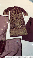 PNW 6480 DARK PURPLE dress with chiffon shirt, viscose trouser and dupatta, luxury party wear for women.