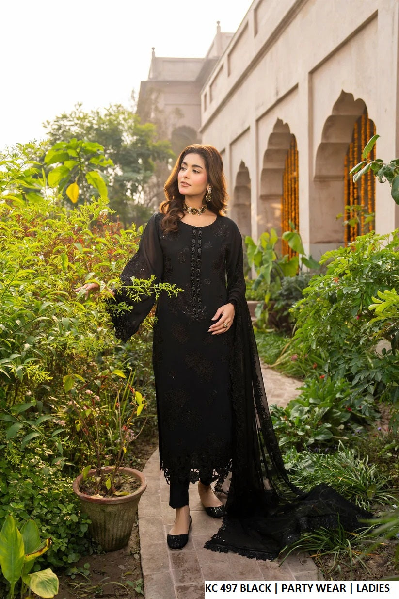 Silk long A-Line shirt plazo black - Pakistani women's luxury formal wear with silk dupatta front view