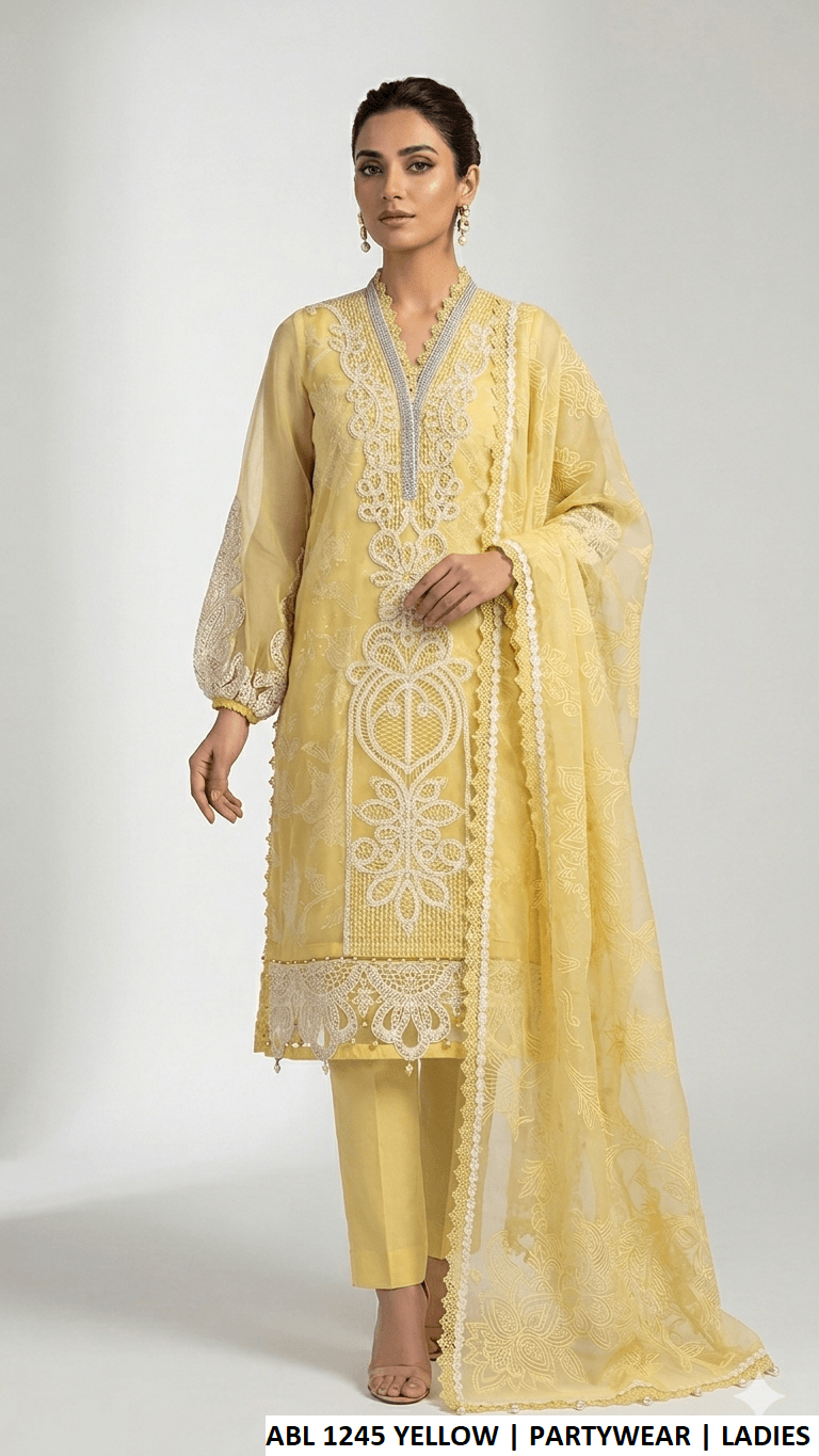 ABL 1245 YELLOW - Luxury party wear dress for women at Amir Boutique Pakistan, featuring an organza shirt and cotton trouser.