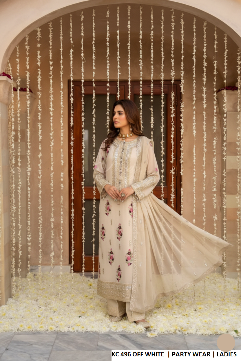Silk long kaftan plazo off white - Pakistani women's luxury formal wear with silk dupatta front view