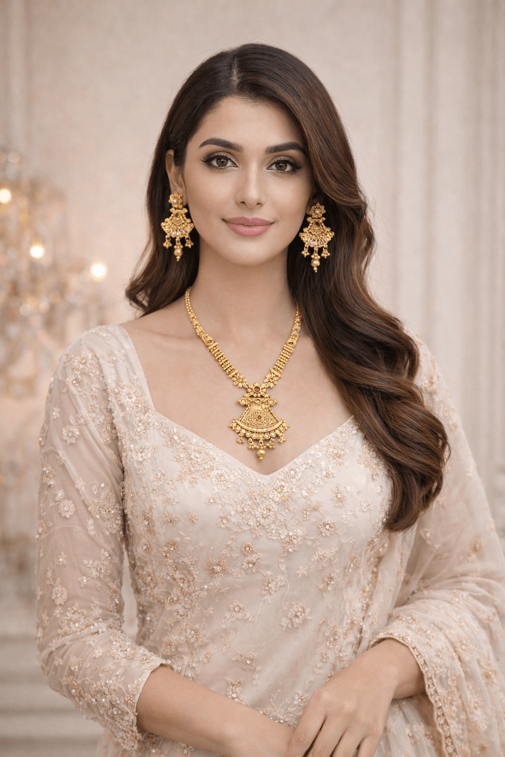 Pakistani women's royal heritage gold necklace set side view