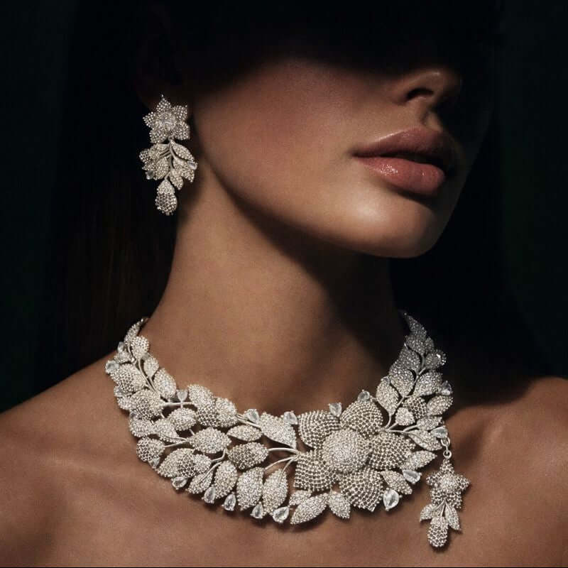 Pakistani women's floral diamond statement necklace set side view
