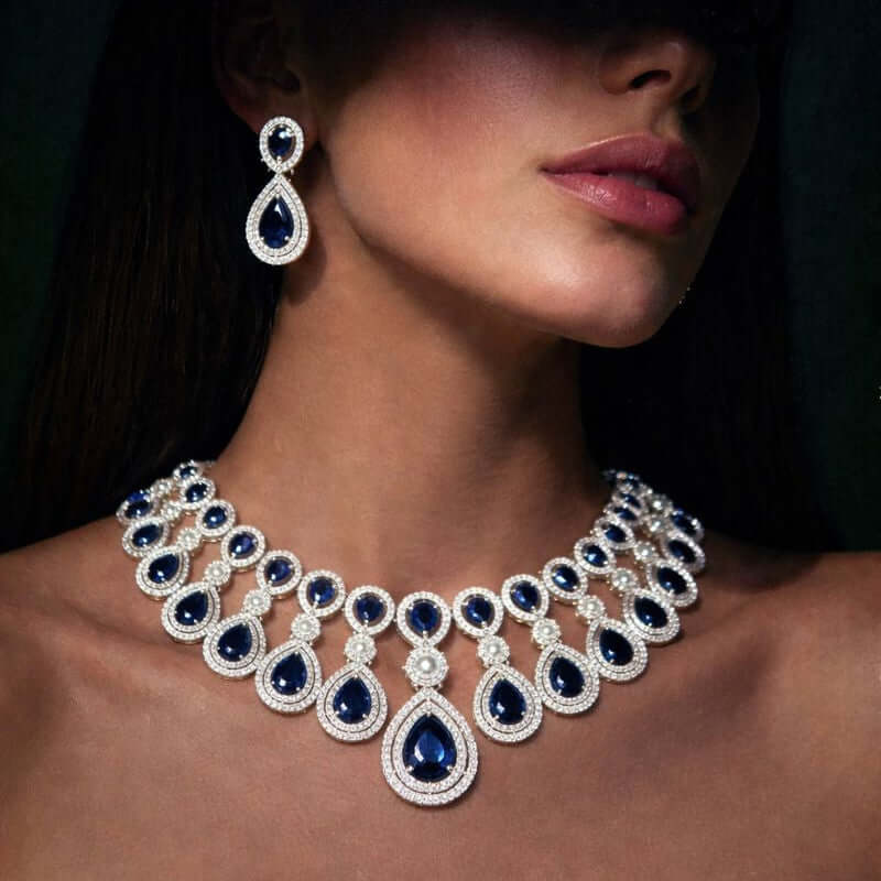 Royal sapphire teardrop set 1 carat - Pakistani women's luxury formal jewelry with sapphire teardrop stones front view