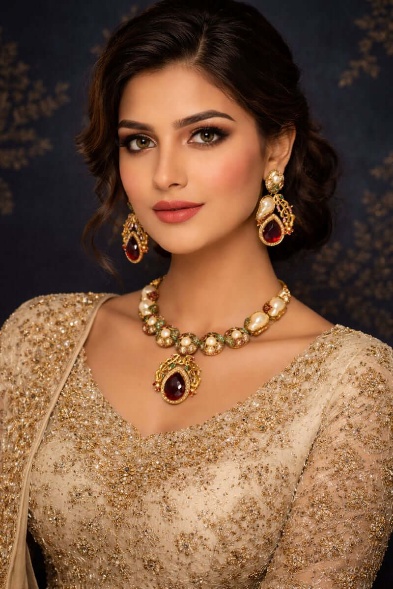 Royal ruby heritage necklace set - Pakistani women's luxury bridal jewelry with ruby stones and gold tone finish front view