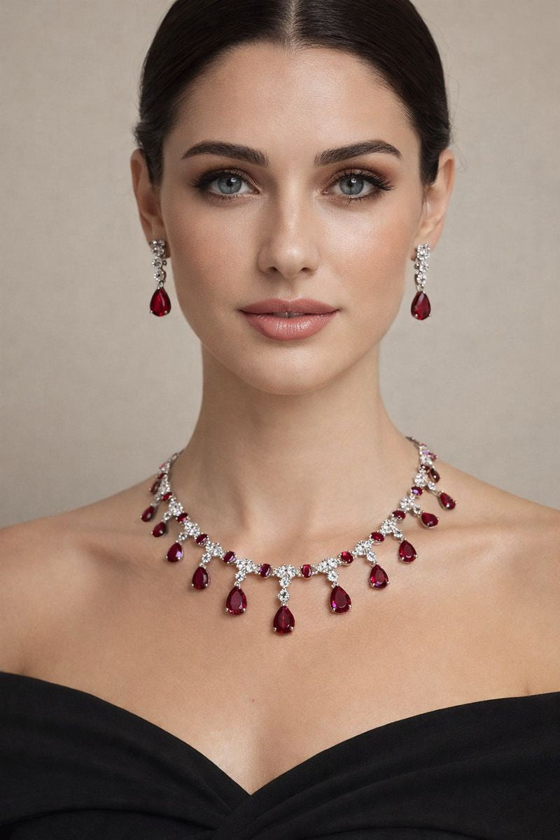 Pakistani women's ruby radiance luxury necklace set side view