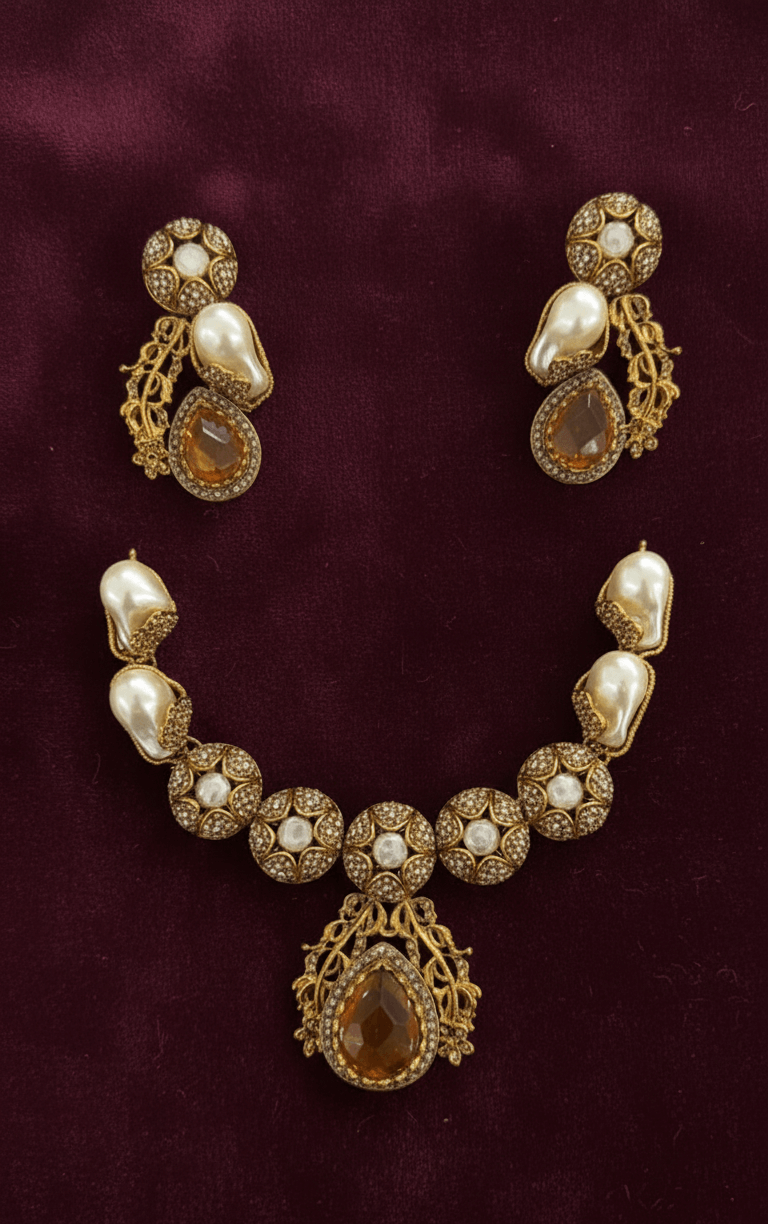 Antique pearl stone necklace set - Pakistani women's luxury bridal jewelry with sculpted pearl detailing and gold tone finish front view