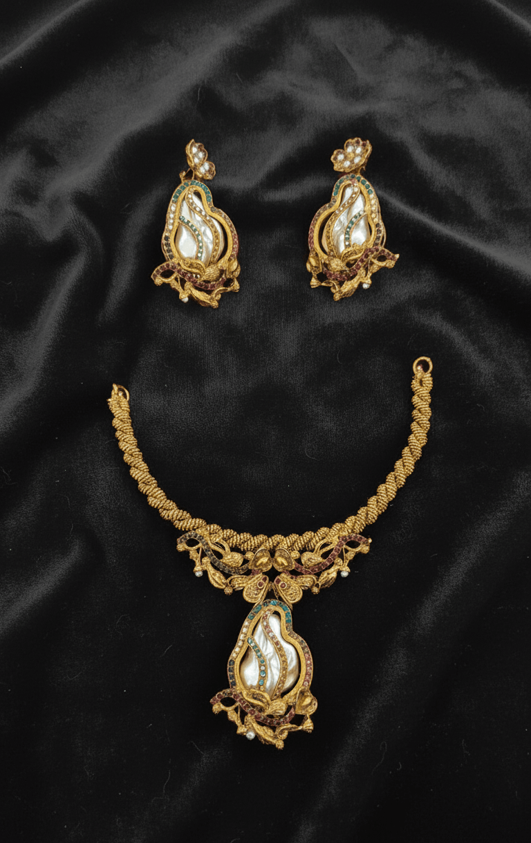 Antique gold short necklace set - Pakistani women's luxury bridal jewelry with twisted chain and statement pendant front view