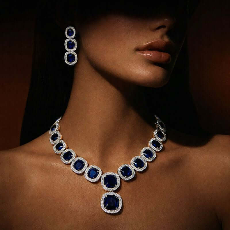Royal sapphire statement set 1 carat - Pakistani women's luxury bridal jewelry with sapphire blue stones front view