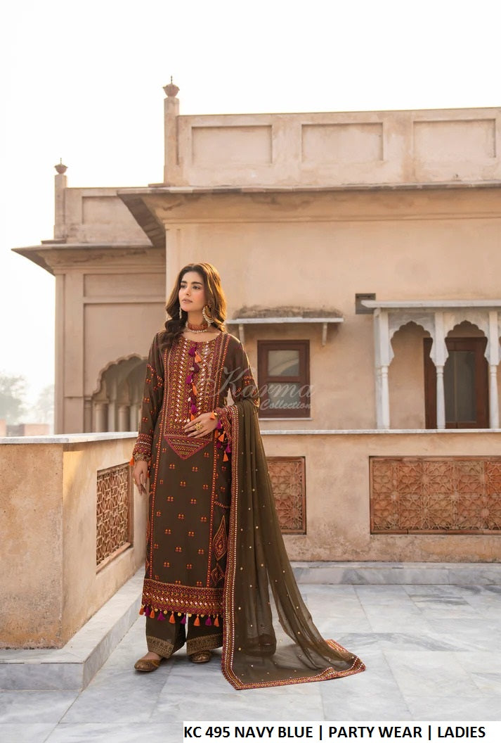 Silk long shirt plazo mehndi green - Pakistani women's luxury formal wear with silk dupatta front view