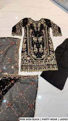 PNW 6456 BLACK luxury party wear dress for women from Amir Boutique Pakistan, featuring chiffon shirt and viscose trousers.