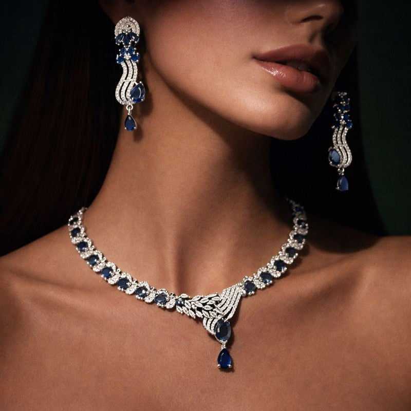 Midnight blue sapphire drop necklace set 1 carat - Pakistani women's luxury formal jewelry with deep sapphire stones front view