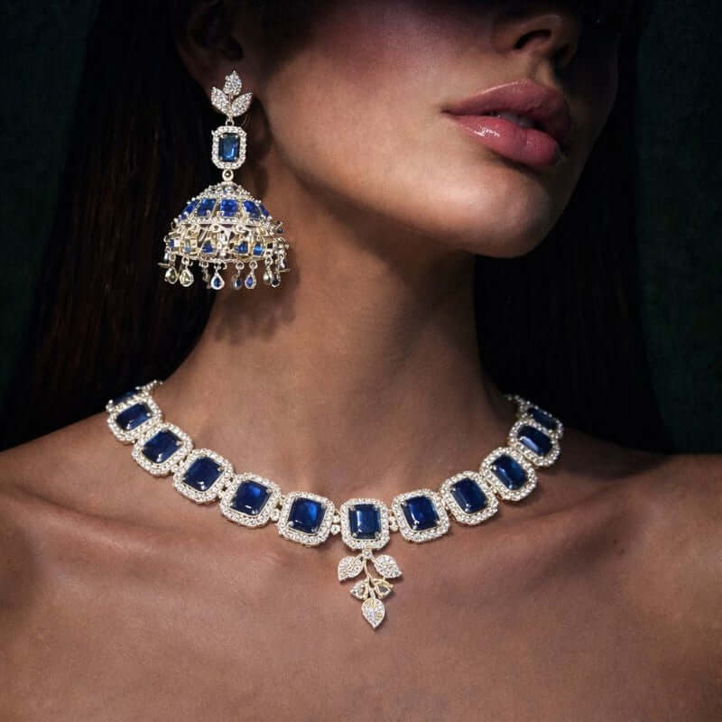 Royal sapphire jhumka set 1 carat - Pakistani women's luxury bridal jewelry with sapphire stones and jhumka earrings front view
