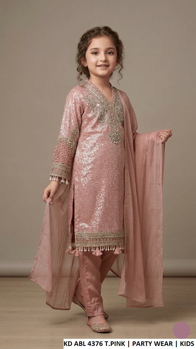 KD ABL 4376 T.PINK - Kids luxury party wear dress featuring sequined straight shirt and elegant trousers.