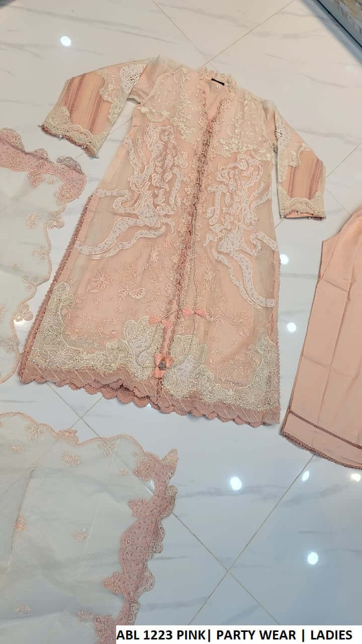 ABL 1223 TEA PINK luxury party wear dress for women by Amir Boutique Pakistan.